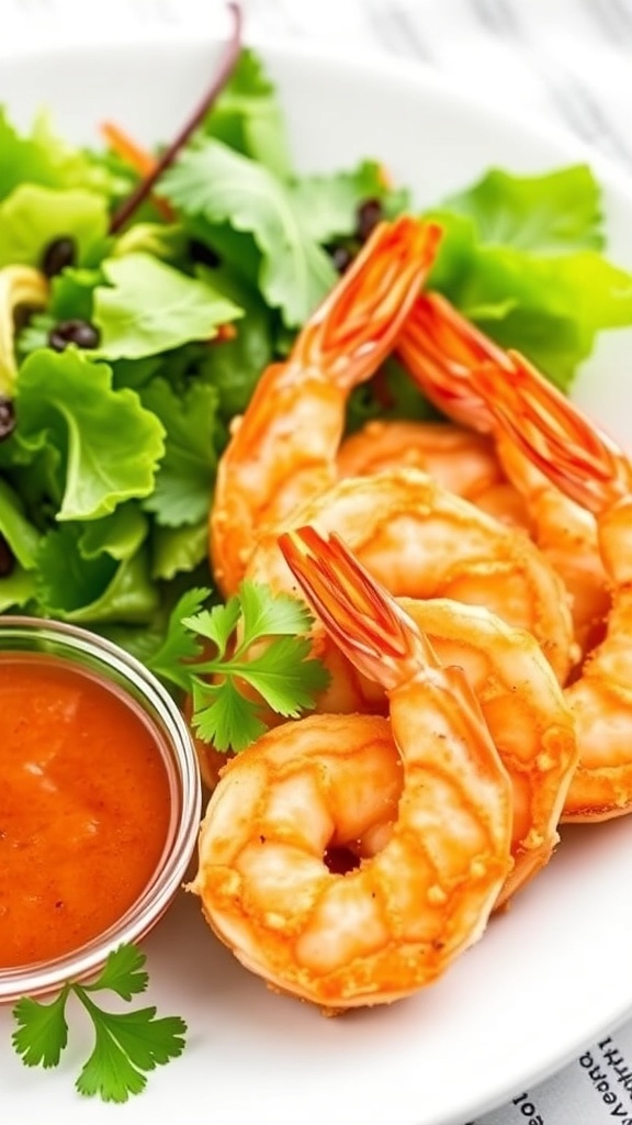 Crispy Air Fryer Shrimp Recipe Crispy air fryer shrimp on a plate, garnished with parsley and served with dipping sauce.